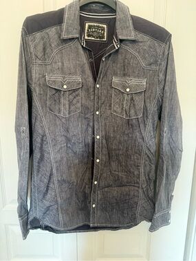 EUC BKE men’s edgy tailored fit snap shirt grey black with contrast stitching L